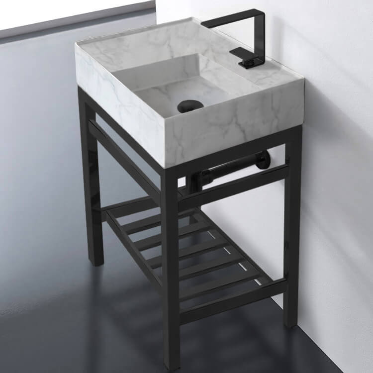 Scarabeo 5117-F-CON2-BLK Modern Marble Design Ceramic Console Sink and Matte Black Base, 24 Inch